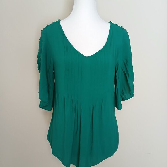 Anthropologie Maeve Maya Pintuck Flutter Sleeve Blouse Kelly Green Size 4 - Picture 2 of 9